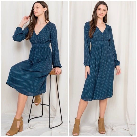 LAST ONE❗️ROKOKO Dark Teal Polka Dot Flowy Midi Dress - Picture 9 of 10